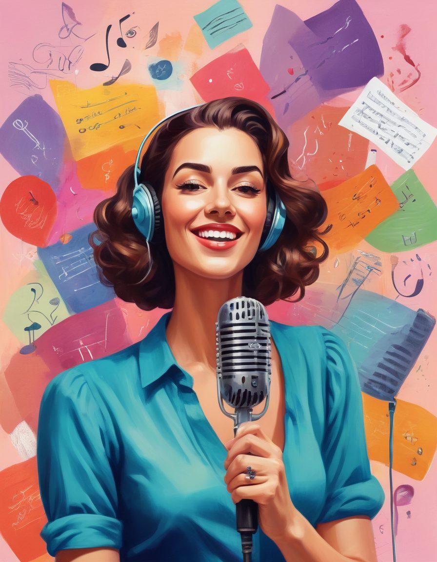 A vibrant illustration of a blogger confidently speaking into a vintage microphone, surrounded by colorful notes and symbols representing creativity and community. In the background, a diverse group of people engaging and listening with open hearts, symbolizing connection and collaboration within the Blessa community. Bright and inviting colors to evoke warmth and inspiration. digital painting. vibrant colors. cheerful atmosphere.