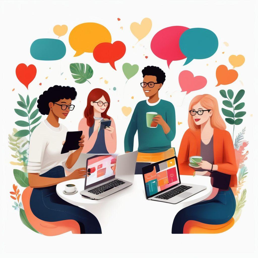 A vibrant illustration depicting diverse bloggers connecting with their audience through laptops, tablets, and mobile phones, surrounded by colorful speech bubbles and heart icons symbolizing engagement and connection. Include elements like coffee cups and plants to evoke a cozy atmosphere. super-realistic. vibrant colors. white background.