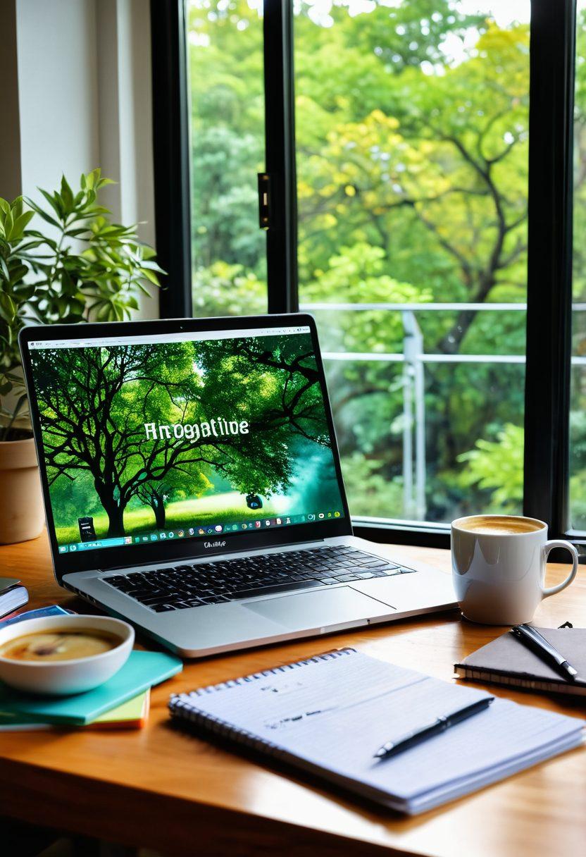 A captivating scene showcasing an open laptop on a stylish desk, surrounded by colorful notepads and pens, with a steaming coffee cup beside it. The screen displays vibrant blog analytics and creative content ideas. A window in the background reveals a sunny day with green trees, symbolizing growth and inspiration. The atmosphere is warm and inviting, reflecting the dynamic energy of blogging. super-realistic. vibrant colors. cozy ambiance.